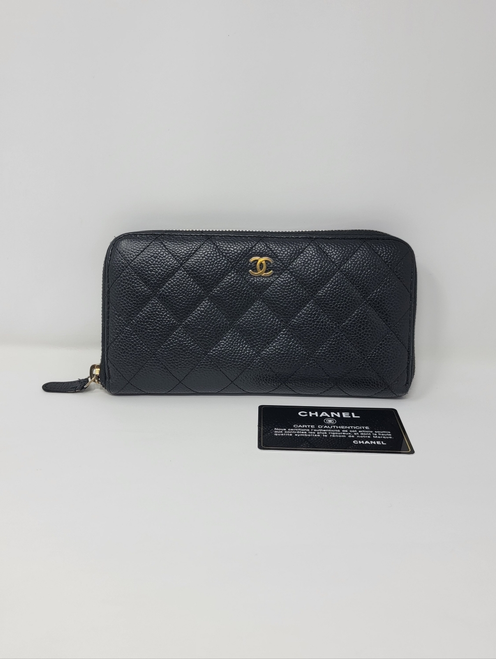 CHANEL CC Logo Quilted Caviar Leather Zippy Long Wallet